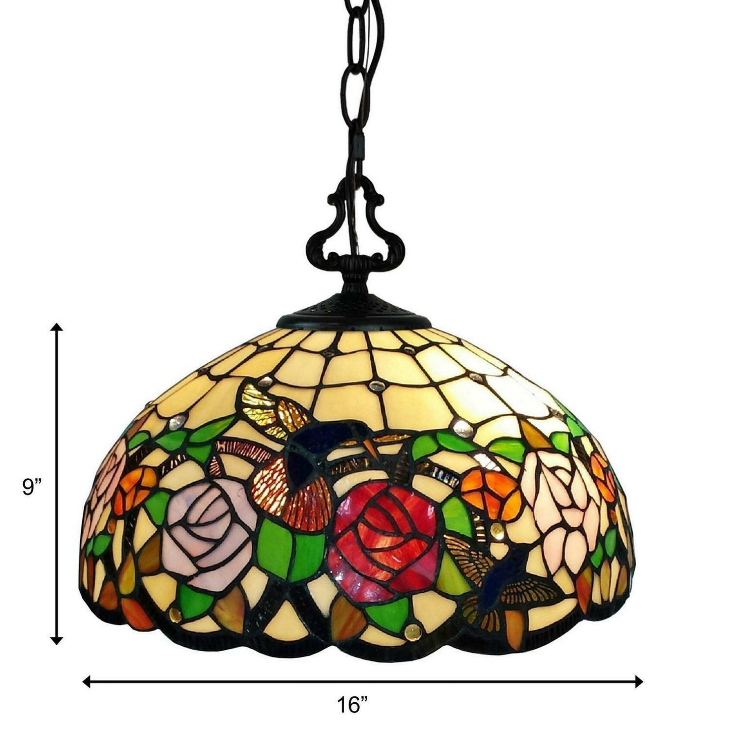 Tiffany Style Hanging Pendant Lamp Stained Glass Rose Theme Ceiling Light 16in