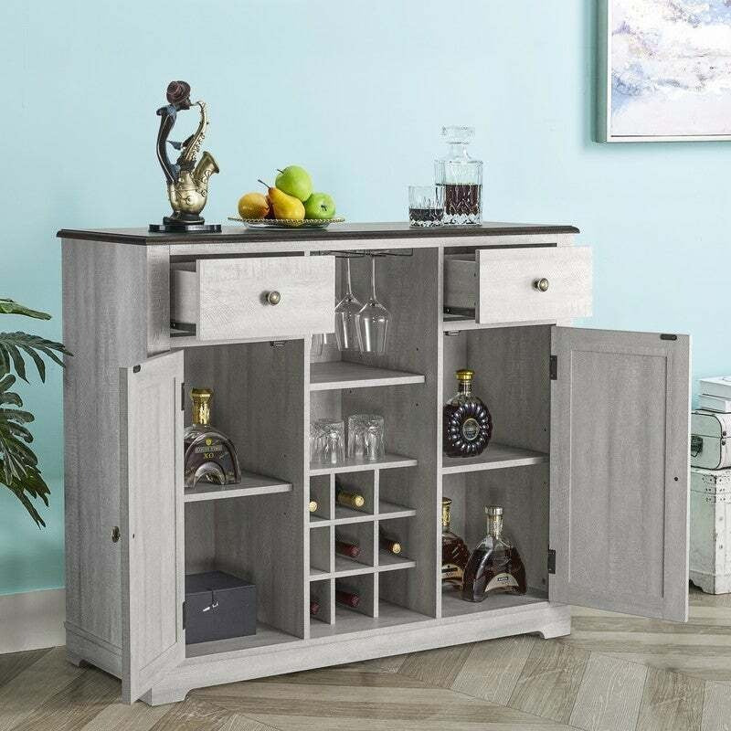 White Wash Fin Buffet Sideboard Cabinet Credenza With Built-in Wine Rack Bar
