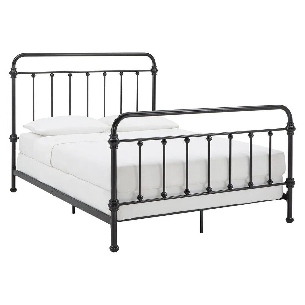Antique-Style Iron Bed Frame with Flowing Curved Spindle Design, Black, Queen Sz