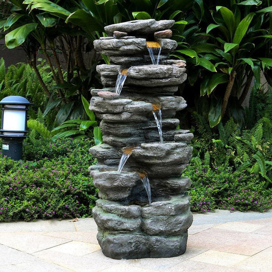 Serene 6-Tier Rock Cascading Water Fountain For Backyard Decor: LED Lit, 40inT