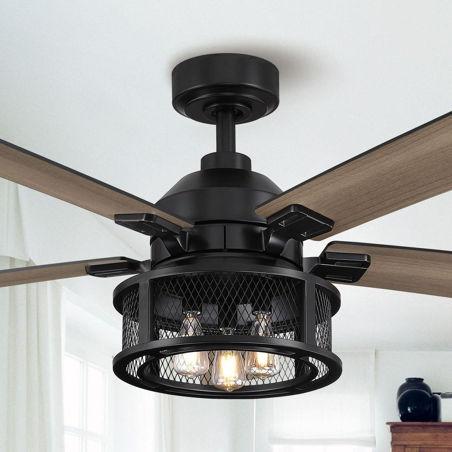 Industrial Style Mesh Caged Light 5-Blade LED Ceiling Fan with Remote Control