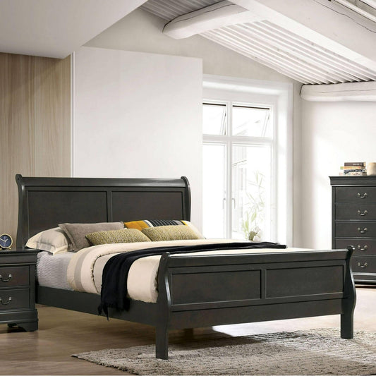 KING Size Bed Traditional Sleigh Panel Bed Hardwood in Dark Grey Finish