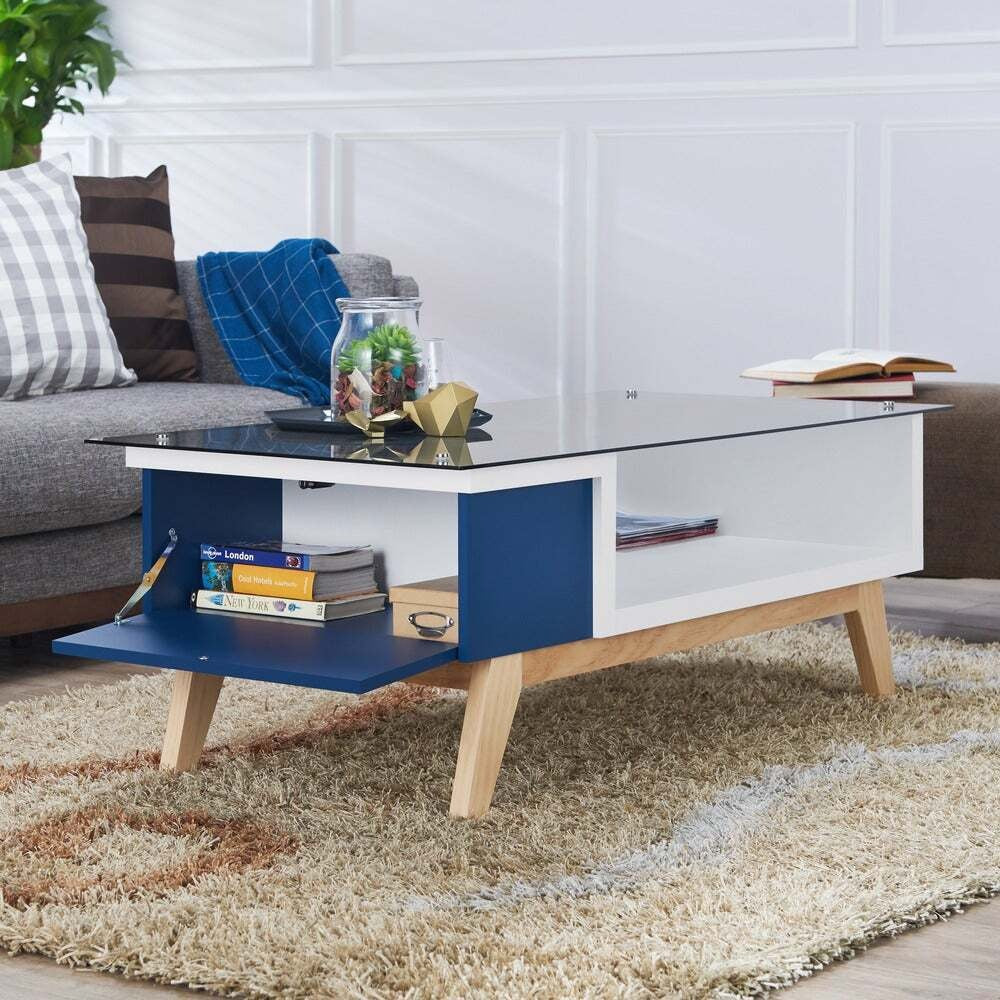 Coffee Table With Glass Top Mid-Century Modern 47in Navy and White Finish