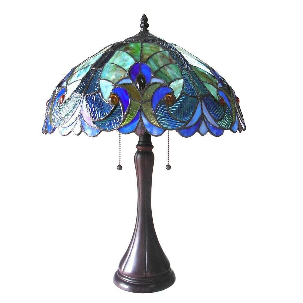 Victorian Design 2-Light Tiffany Style Stained Glass Dark Bronze Blue Table Lamp