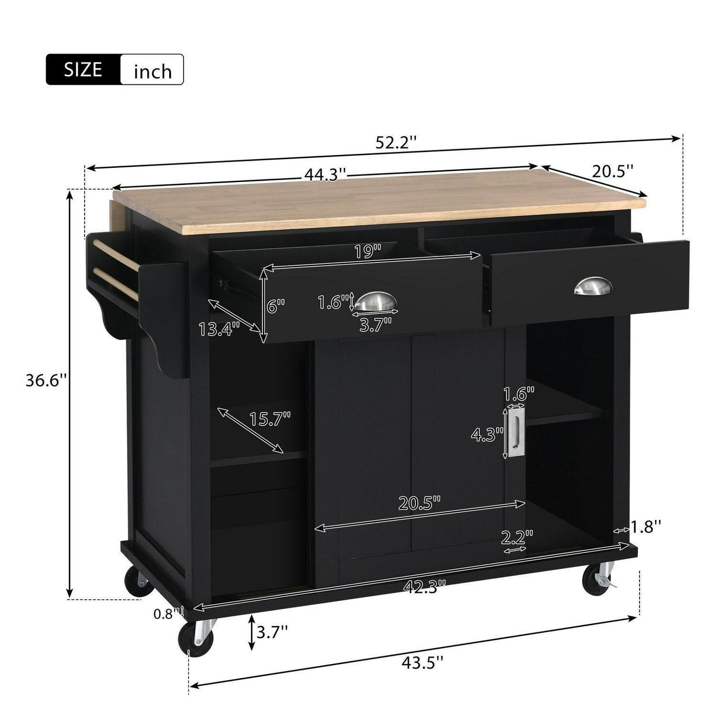 Stylish Drop Leaf Rolling Kitchen Island with Storage - in Black Finish