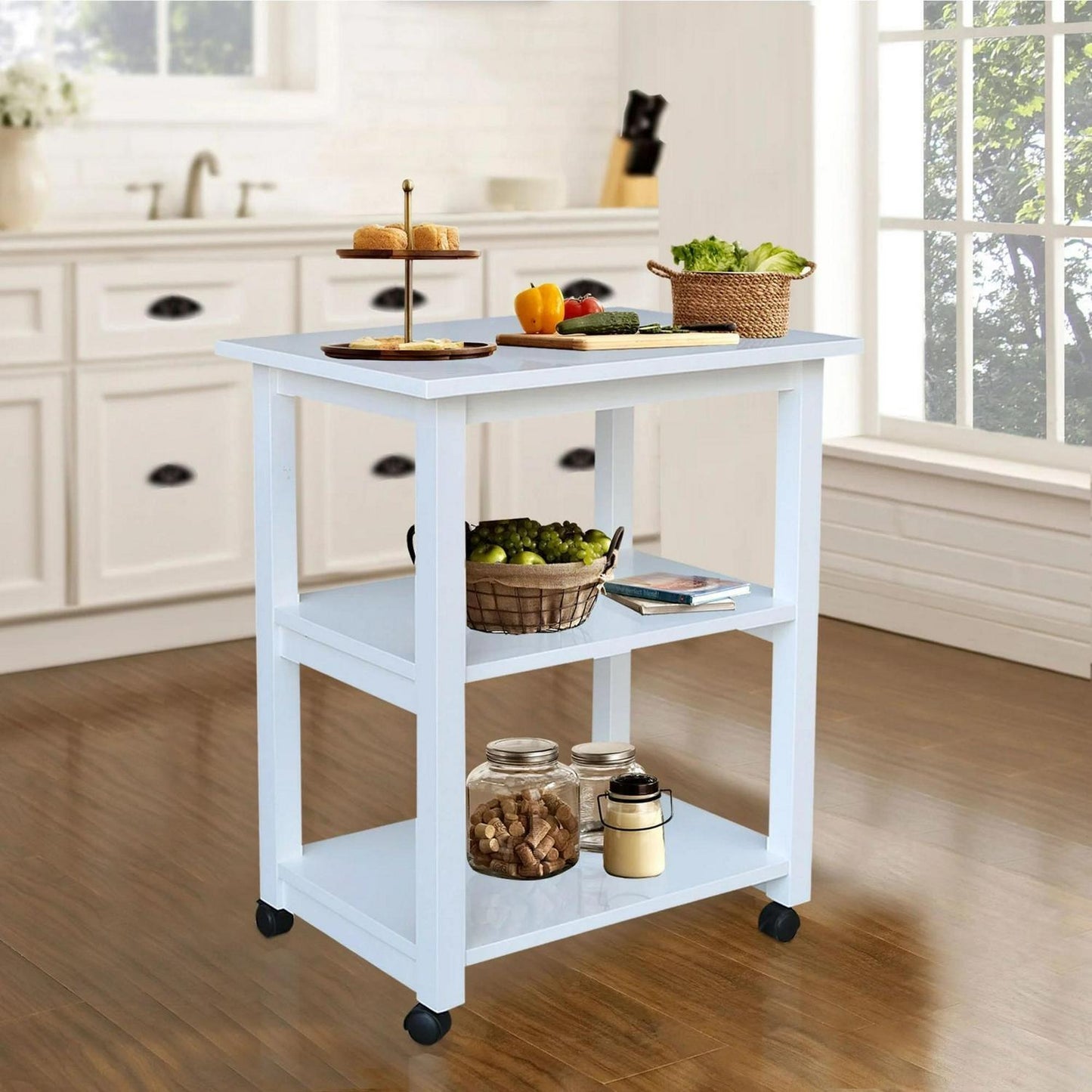 Solid Hardwood Kitchen Service Cart Tea Cart White Finish