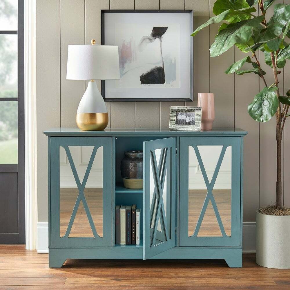 Blue Finish Mirrored Buffet Console Cabinet Storage Center in Distressed