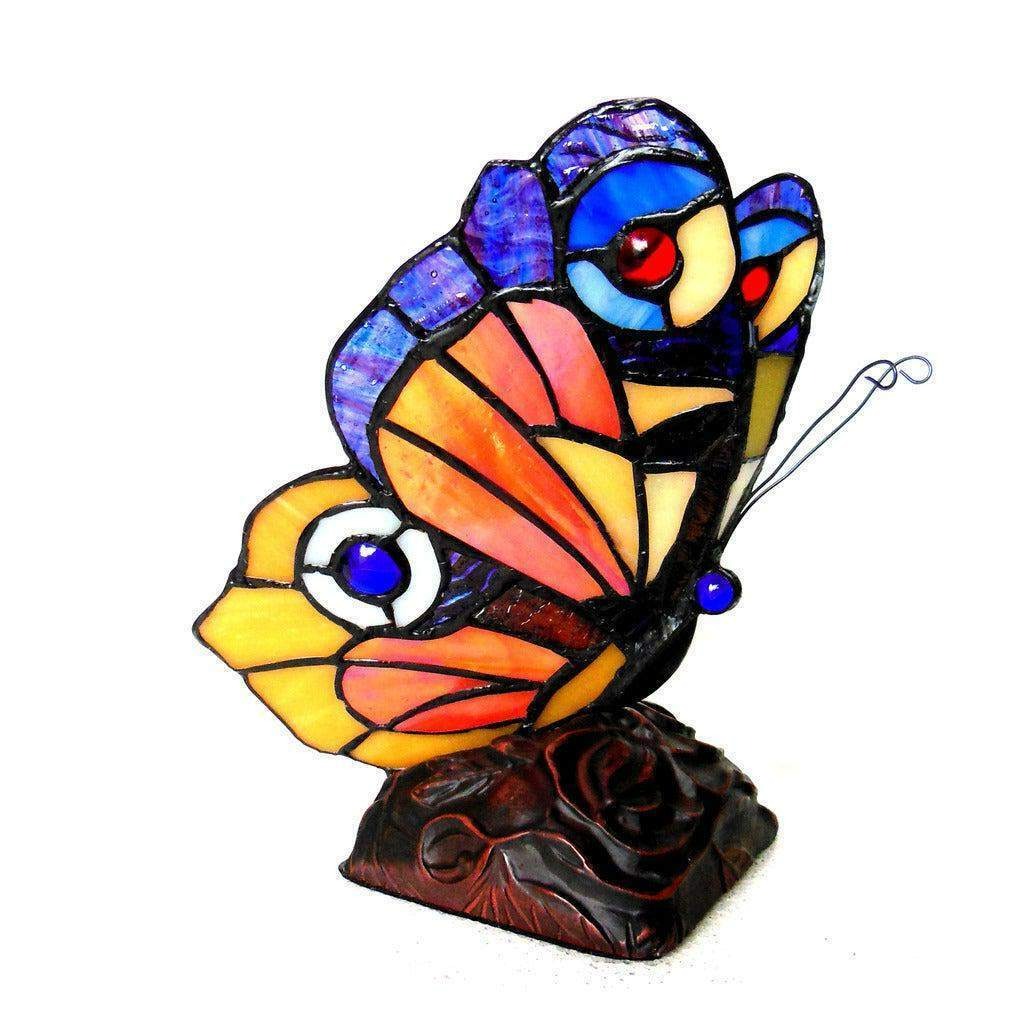 Stained Glass Tiffany Style Butterfly Accent Table Lamp - Blues Yellows Orange