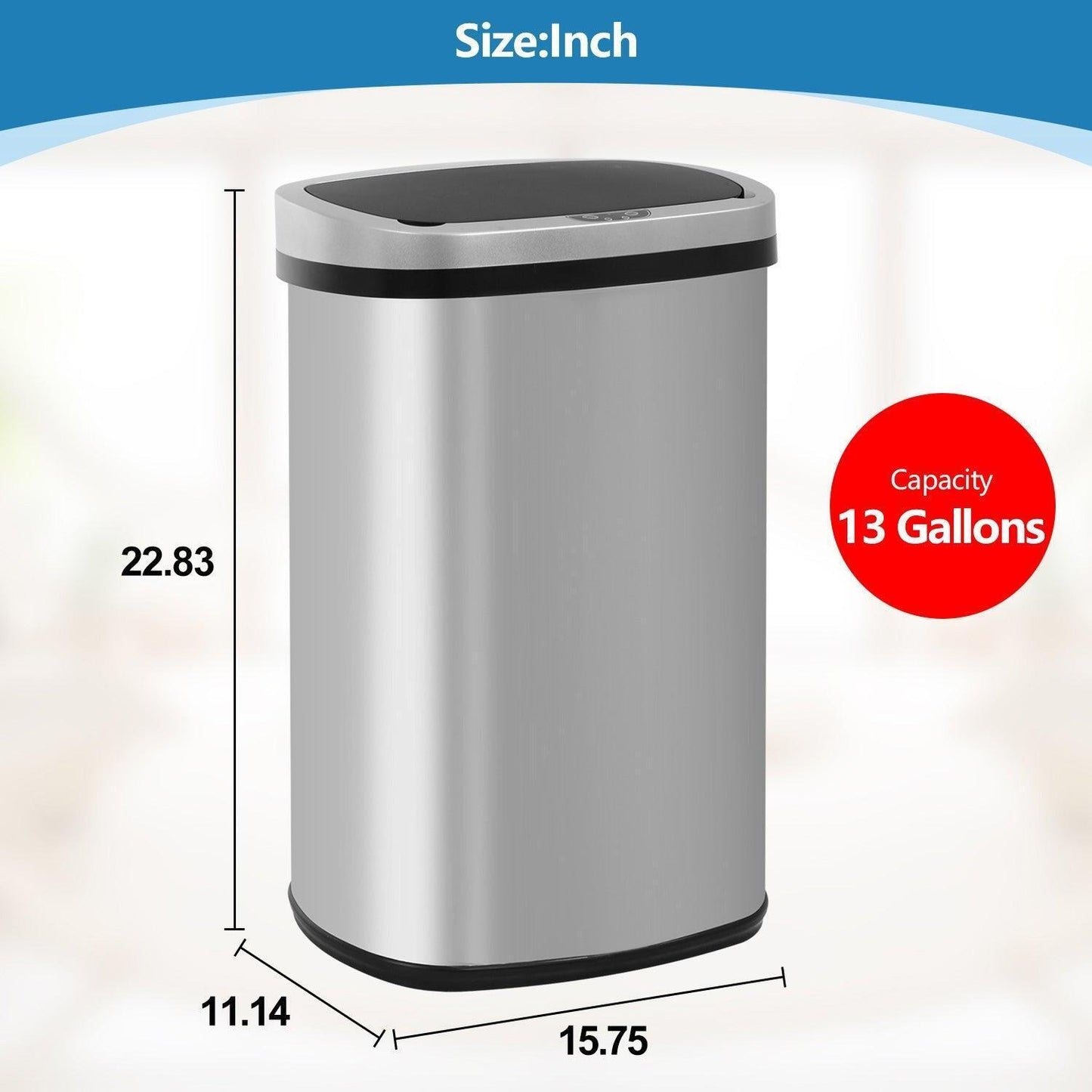Auto Sensor Touchless Trash Can Kitchen Garbage Bin 50L/13G Stainless Steel