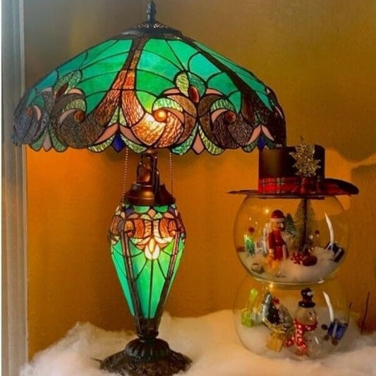 Green Tiffany Style Table Lamp Stained Glass Vintage Victorian Design Lit Base