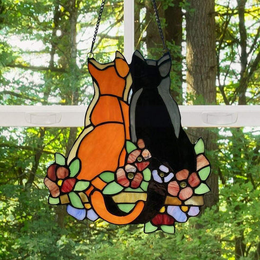 My 2 Kitties Kitty Cat - Hanging Stained Glass Window Panel Suncatcher 11x12in