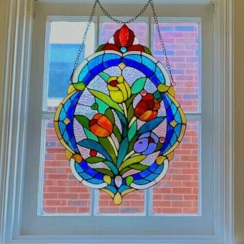 Tiffany Style Stained Glass Oval Tulip Suncatcher Window Panel Window Hanging