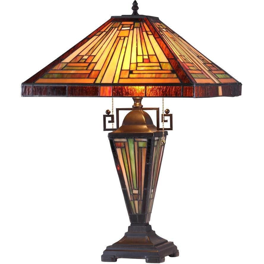 Dark Bronze Finish Tiffany Style Stained Glass Mission Double Lit Table Lamp