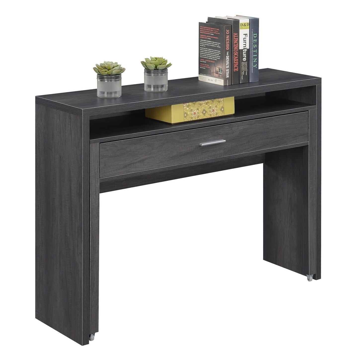 Black Finish Expandable Sliding Desk With Console and Drawer Computer Desk