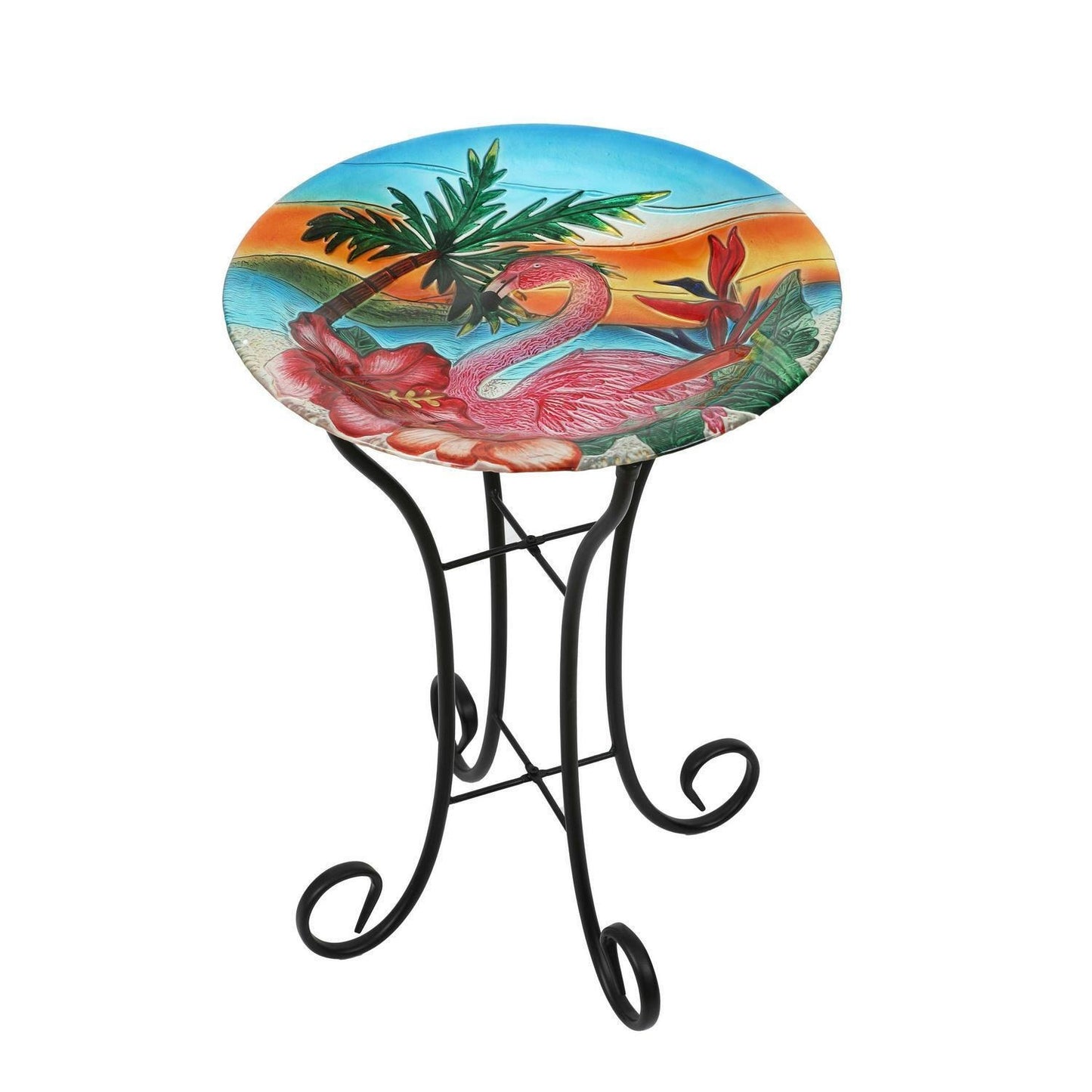 Flamingo Theme Bird Bath with Folding Metal Stand Glass Bowl Birdbath