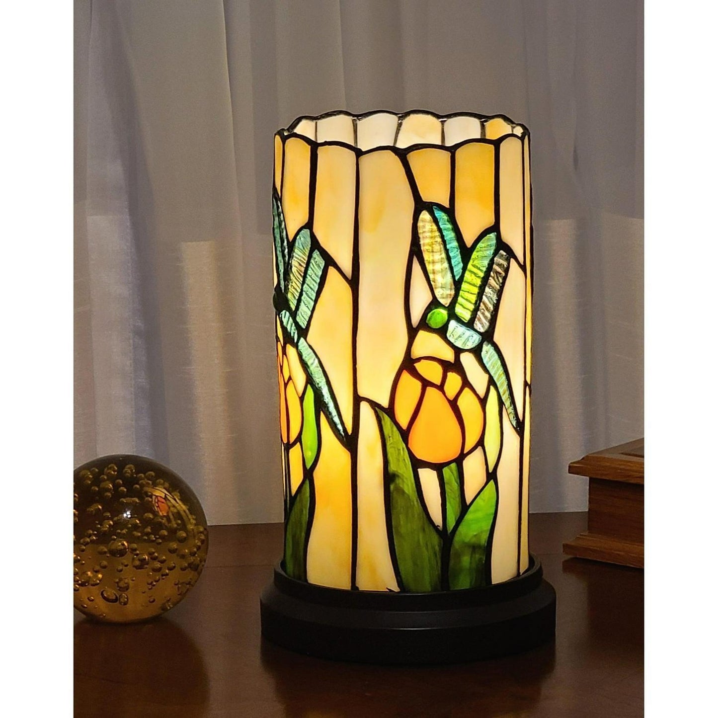 Hurricane Accent Table Lamp Tiffany Style Yellow Stained Glass Dragonfly 10in