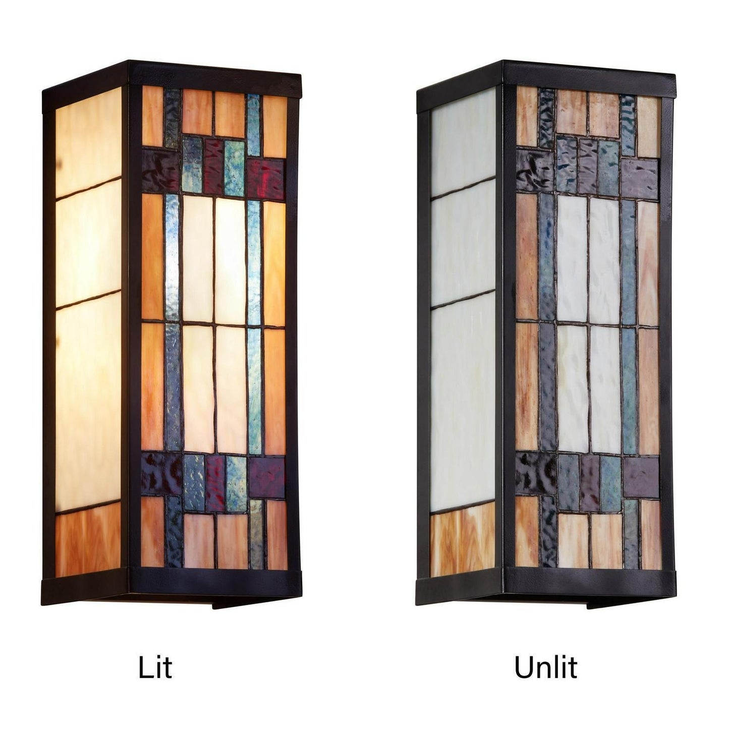 Outdoor Wall Sconce Porch Light Multicolor Stained Glass and Black Satin 16in