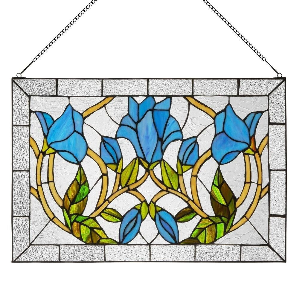 Tiffany Style Floral Vine Stained Glass Window Panel of Blue Lilies 16x24in