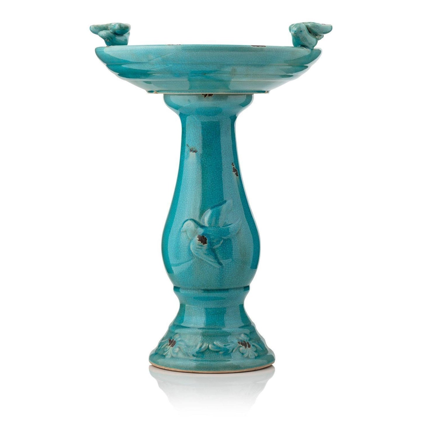 Vintage Turquoise Ceramic Pedestal Birdbath Vintage Yard Art Garden Decor 25in