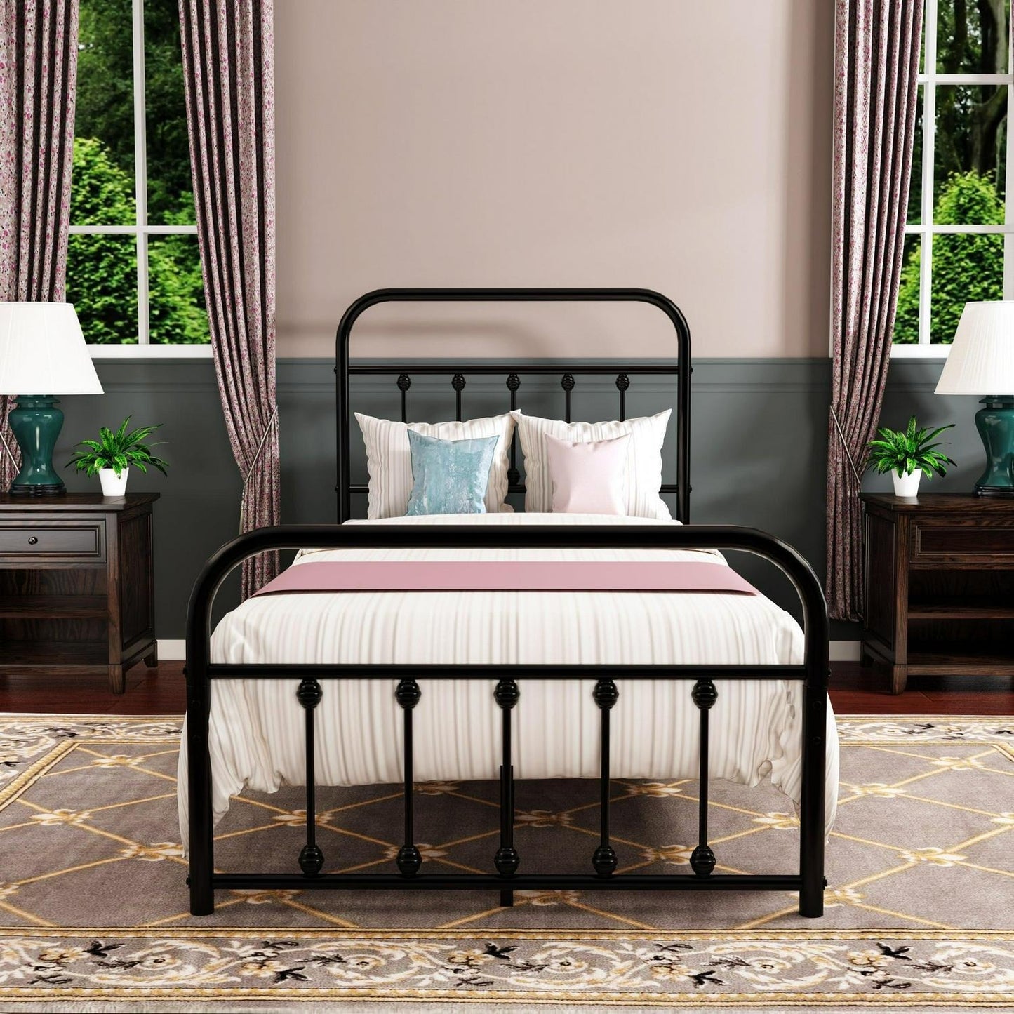 Sleek Vintage-Inspired Metal Platform Bed: Black Finish in QUEEN Size