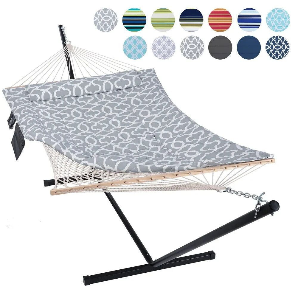 2 Person Hammock With Stand - Cotton Rope, Quilted Light Grey w/Pillow