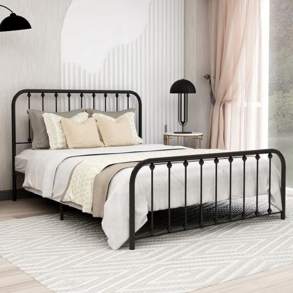Queen Size Bed Frame Metal Platform Bed Frame with Headboard & Footboard Black