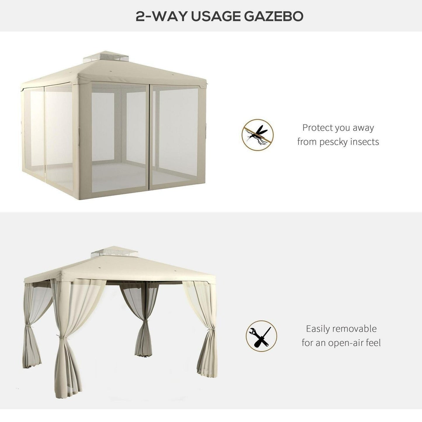 Cream White Patio Gazebo Tier Canopy, Mesh Walls & Powder-Coated Frame 9.6x11.6