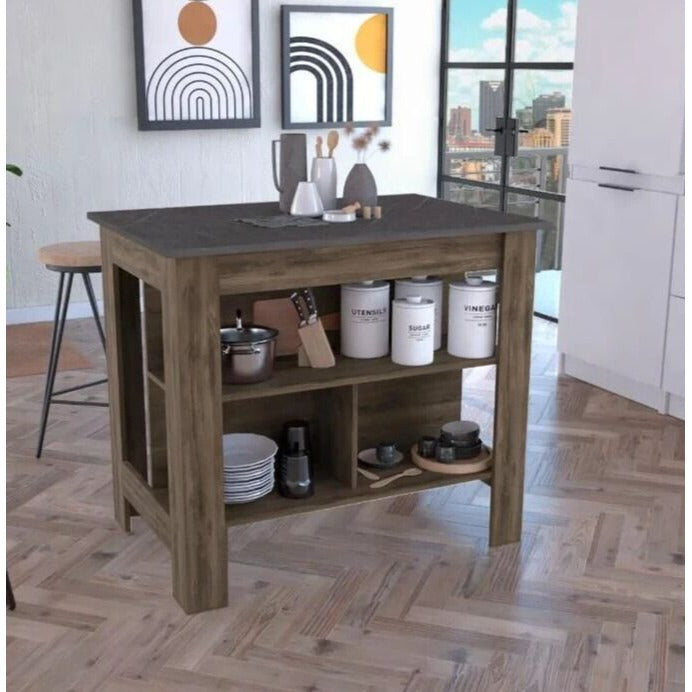 Kitchen Island Table With Open Lower Storage Walnut Finished/Black Onyx Fin Top