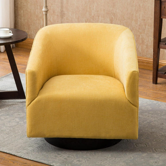 Swivel Accent Armchair with Wood Base and Barrel Back in Yellow