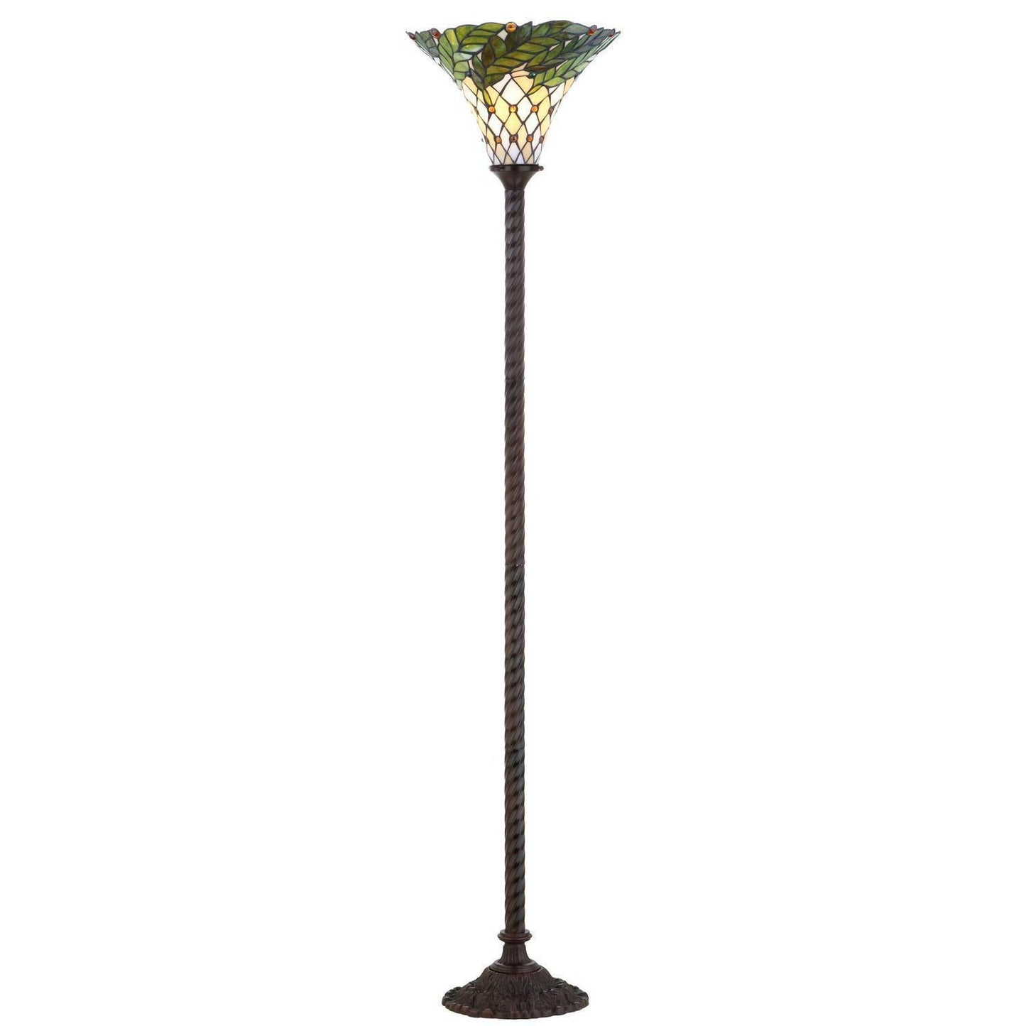 Green and Ivory Twisted Base Tiffany Style Stained Glass Torchiere Floor Lamp