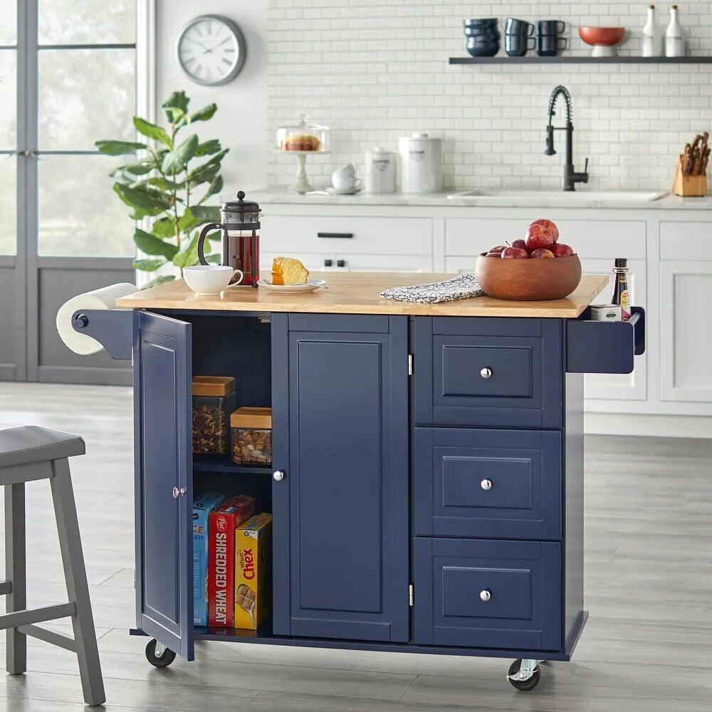 Navy Blue Kitchen Cart Rolling Island Cabinet - Natural Finish Wood Top Drop Lea