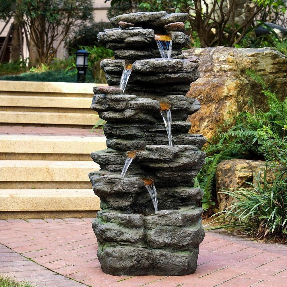 Serene 6-Tier Rock Cascading Water Fountain For Backyard Decor: LED Lit, 40inT