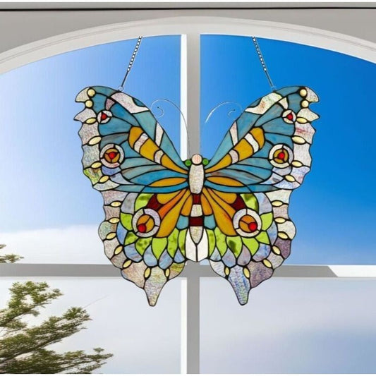 Lovely Butterfly Stained Glass Suncatcher Hanging Window Panel 21x20in