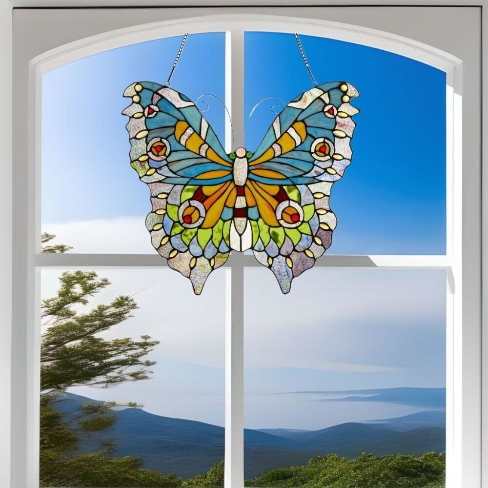 Lovely Butterfly Stained Glass Suncatcher Hanging Window Panel 21x20in