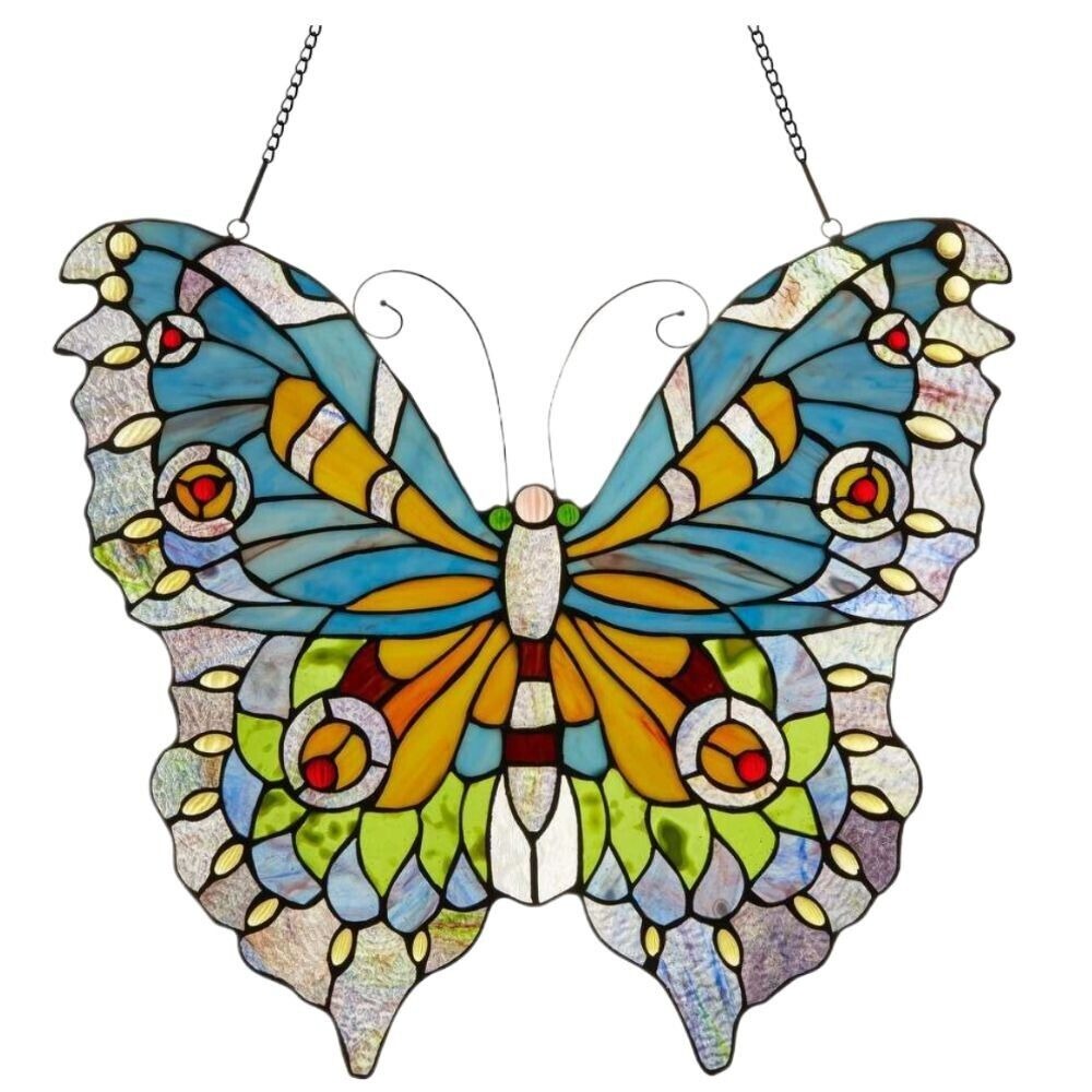 Lovely Butterfly Stained Glass Suncatcher Hanging Window Panel 21x20in