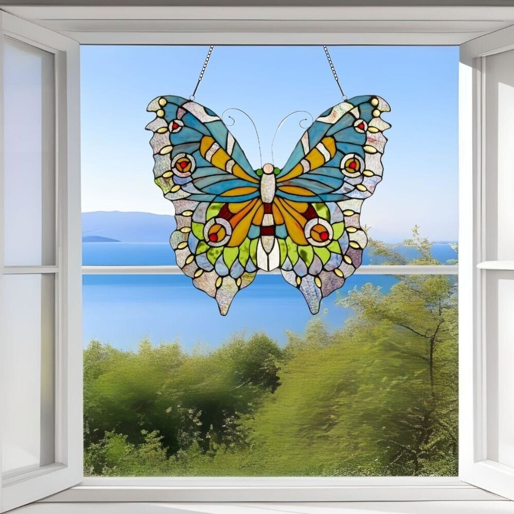 Lovely Butterfly Stained Glass Suncatcher Hanging Window Panel 21x20in