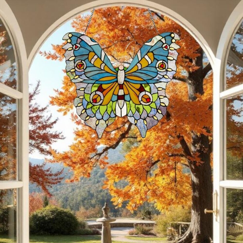 Lovely Butterfly Stained Glass Suncatcher Hanging Window Panel 21x20in