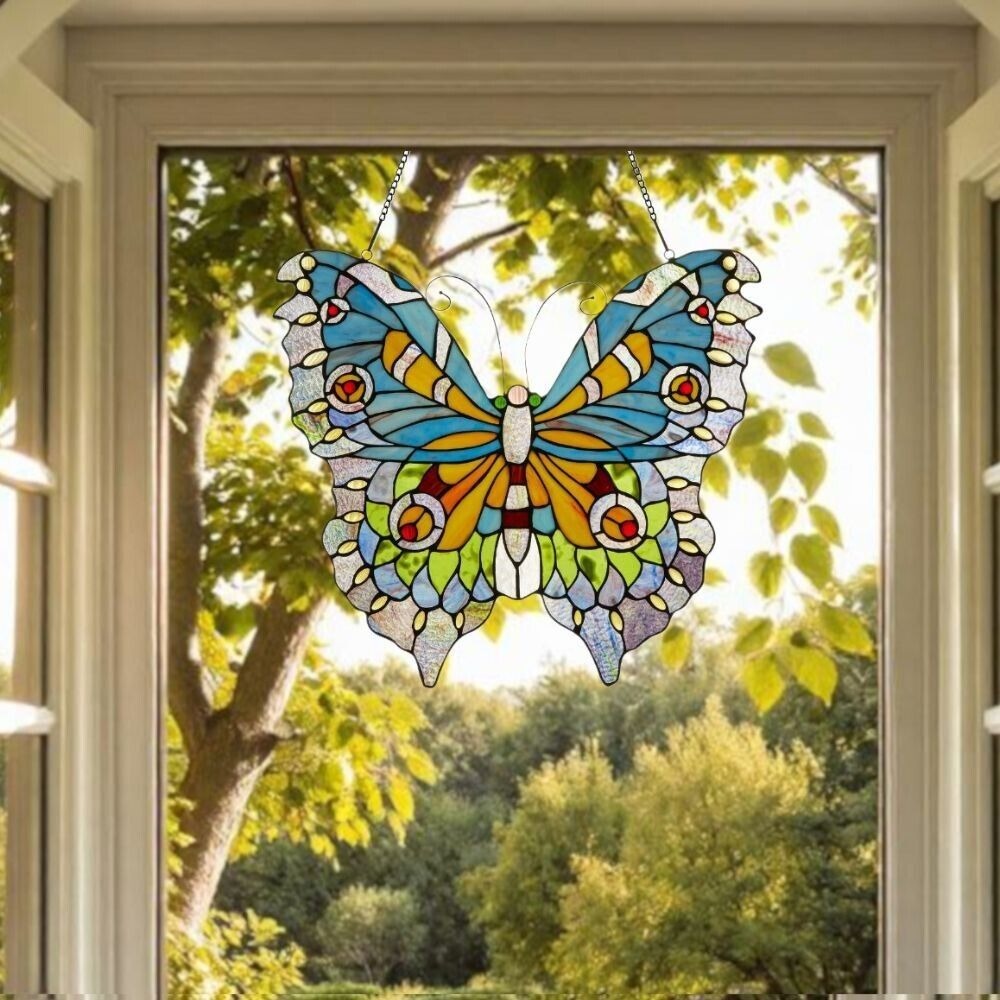 Lovely Butterfly Stained Glass Suncatcher Hanging Window Panel 21x20in