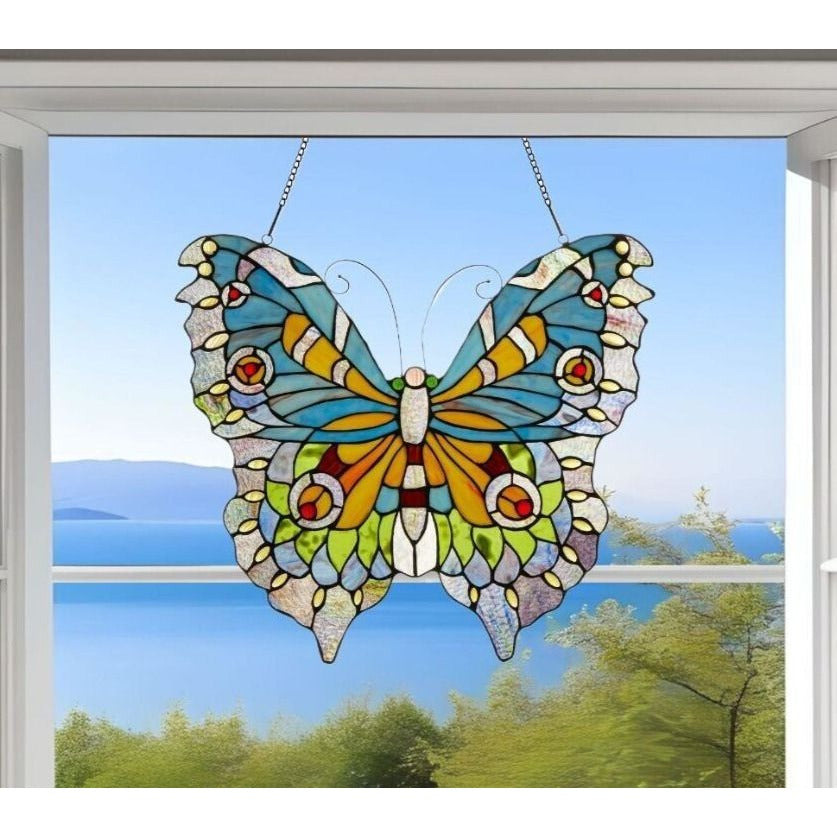 Lovely Butterfly Stained Glass Suncatcher Hanging Window Panel 21x20in