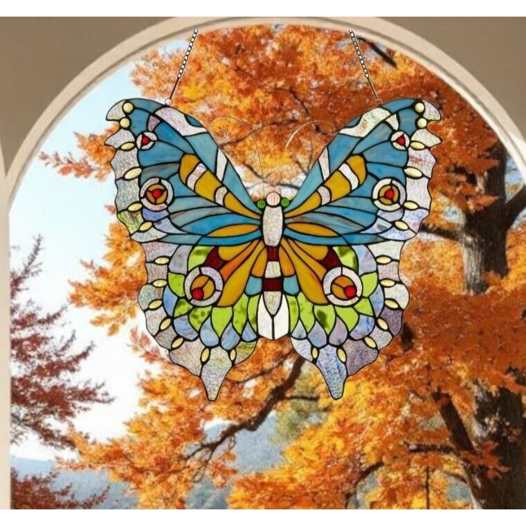 Lovely Butterfly Stained Glass Suncatcher Hanging Window Panel 21x20in