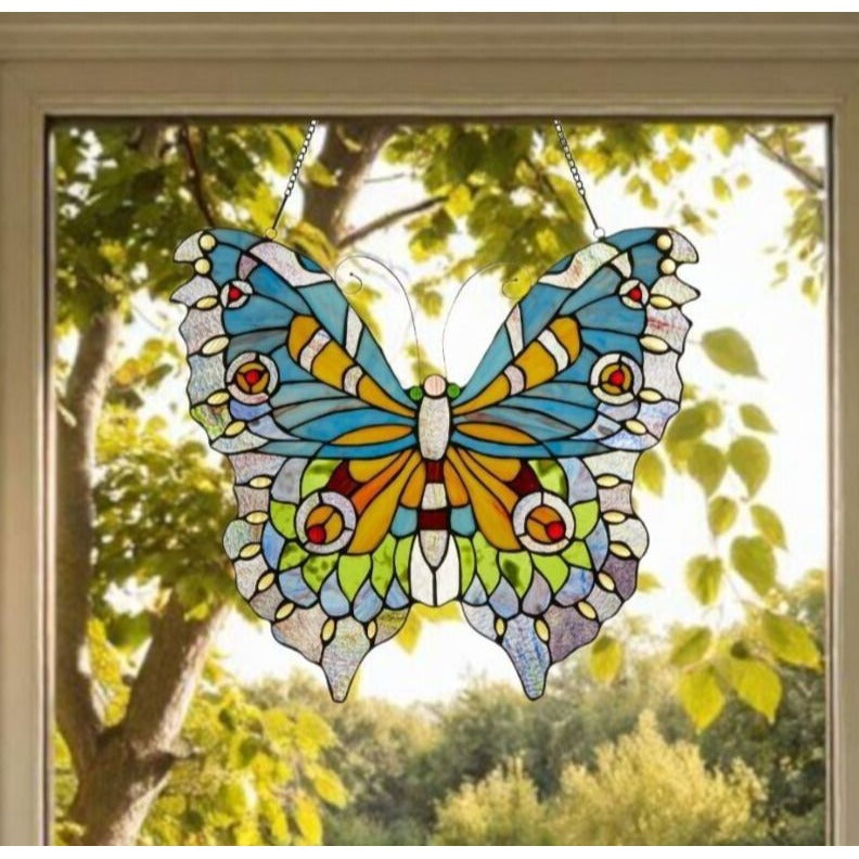 Lovely Butterfly Stained Glass Suncatcher Hanging Window Panel 21x20in