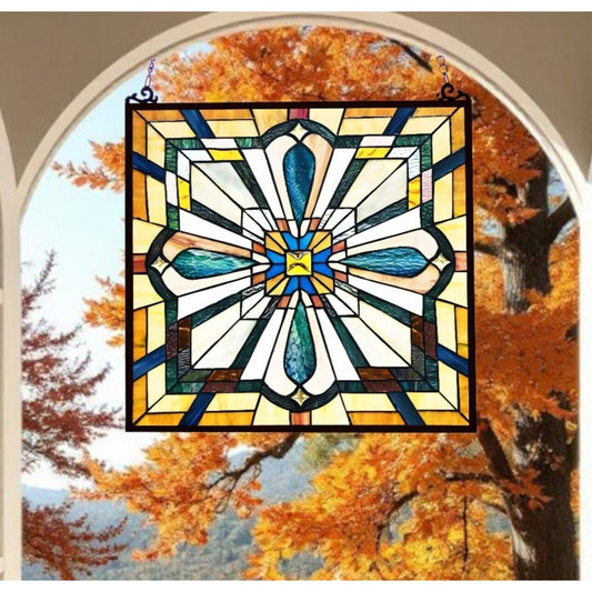 Tiffany Style Mission Stained Glass Window Suncatcher in Amber and Blue 20x20in