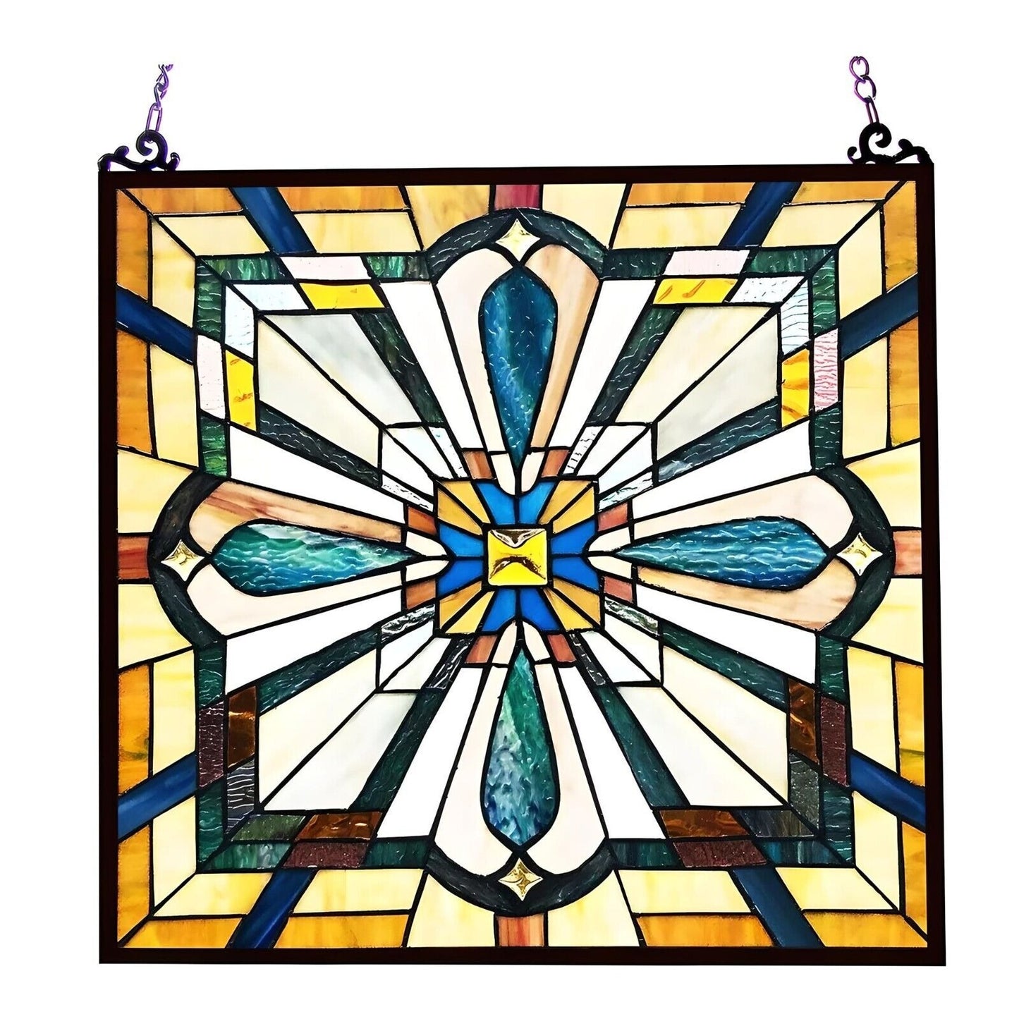 Tiffany Style Mission Stained Glass Window Suncatcher in Amber and Blue 20x20in