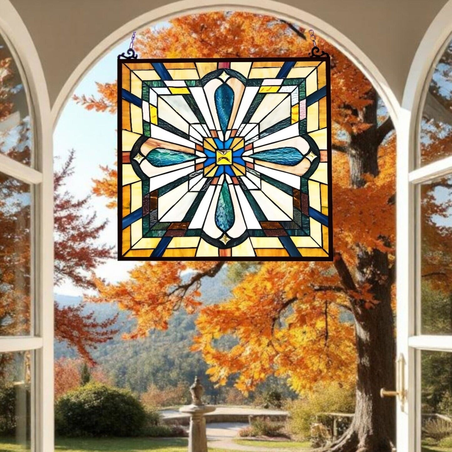 Tiffany Style Mission Stained Glass Window Suncatcher in Amber and Blue 20x20in