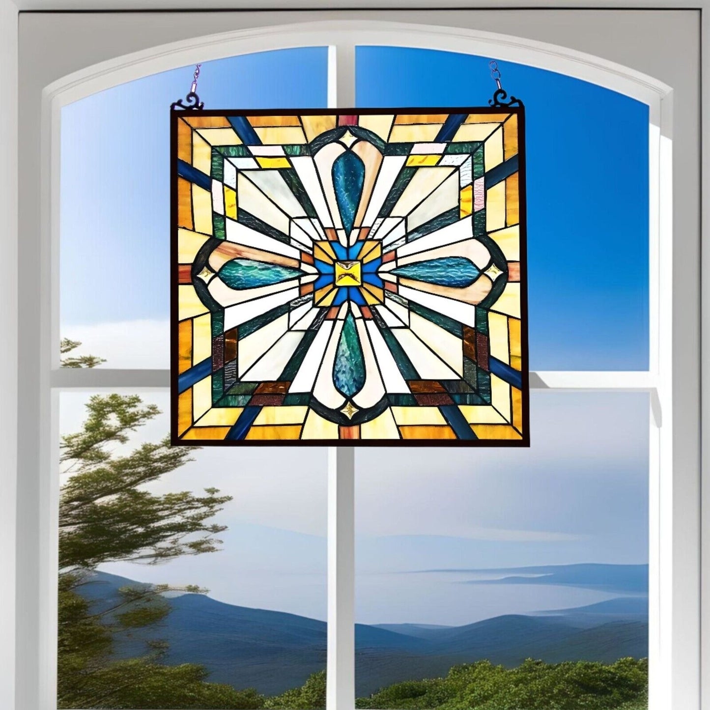 Tiffany Style Mission Stained Glass Window Suncatcher in Amber and Blue 20x20in