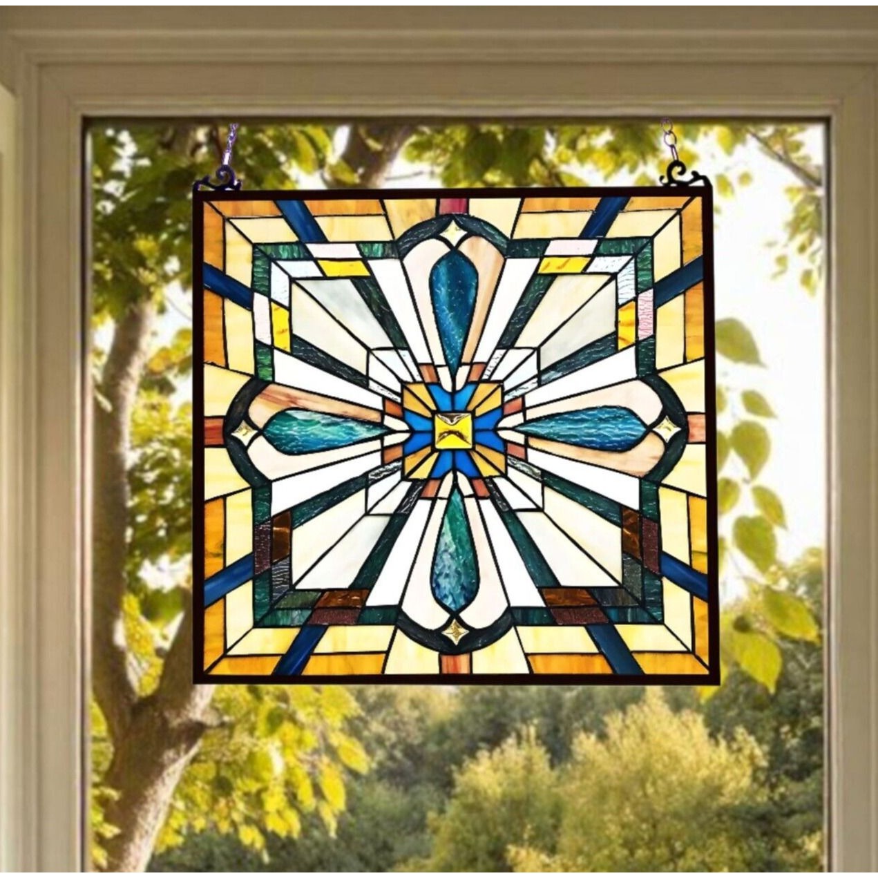 Tiffany Style Mission Stained Glass Window Suncatcher in Amber and Blue 20x20in