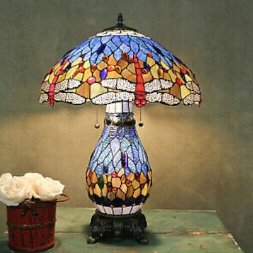 Tiffany Style Stained Glass Dragonfly Accent Reading Table Lamp w/ Lighted Base