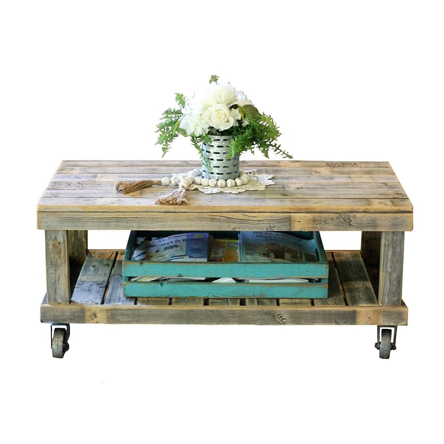 Rustic Natural Barn Wood Finish Accent Coffee Table on Wheels 40x20in