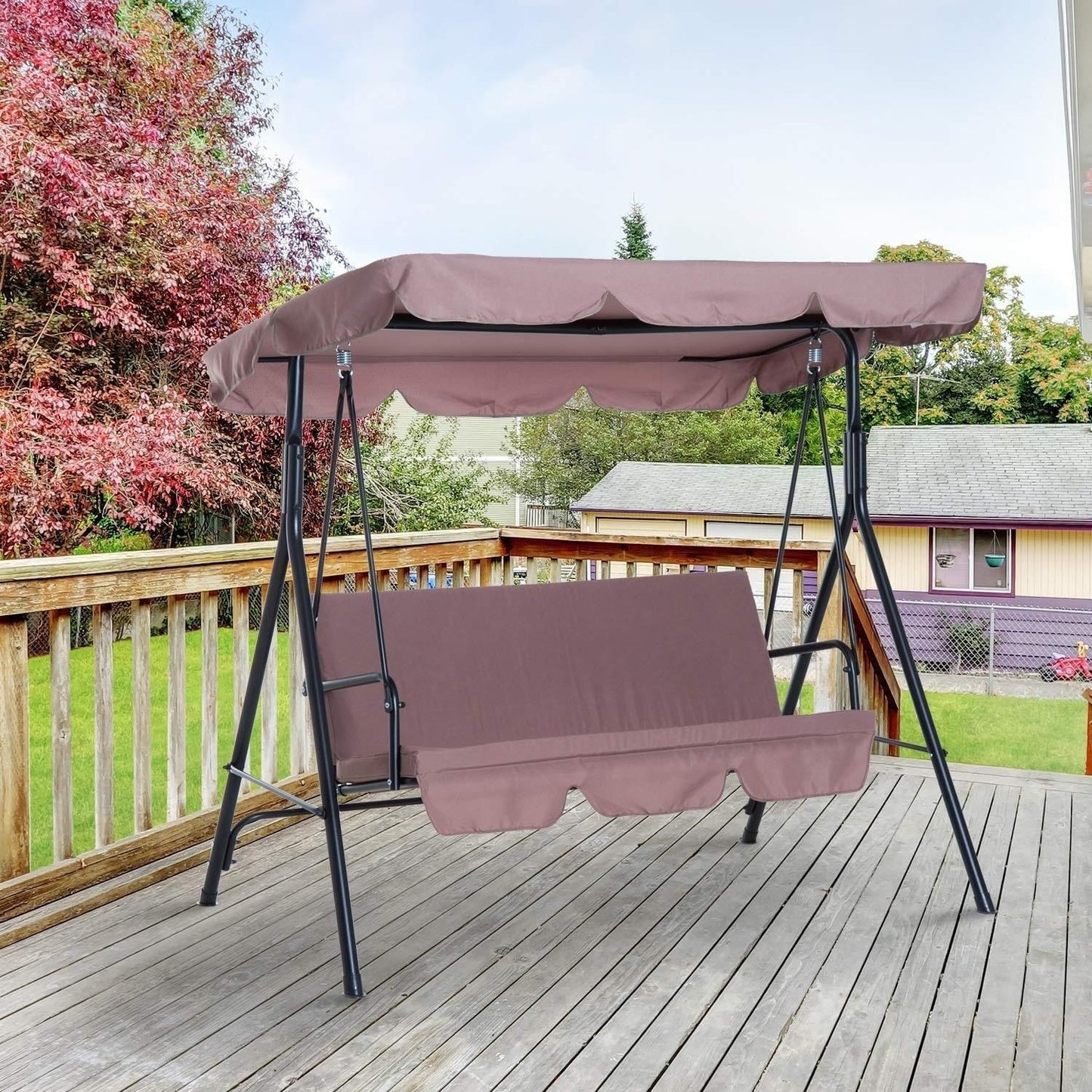 Steel Porch Swing Lounge Chair: Adjustable Canopy Cover 3-Person in Dark Beige