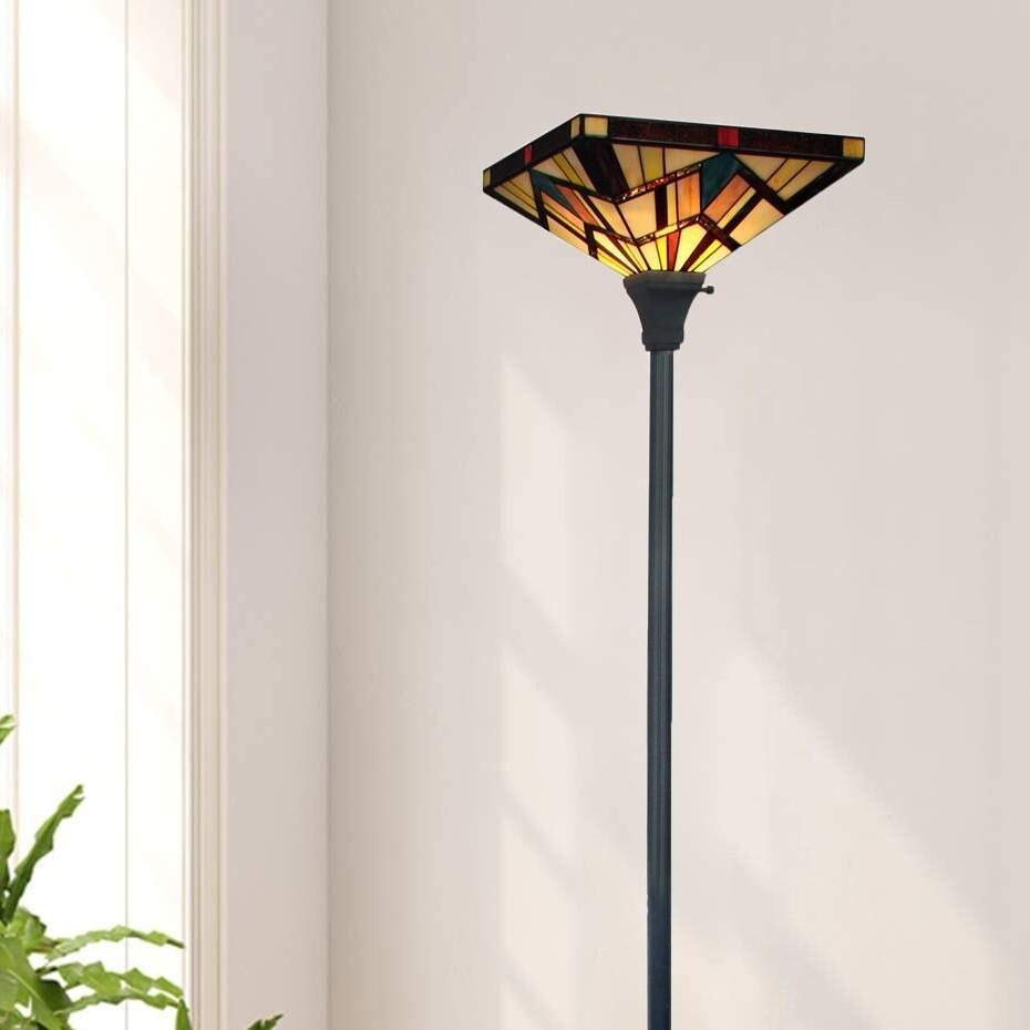 Tiffany Style Stained Glass Torchiere Mission Design Floor Lamp Amber Tones